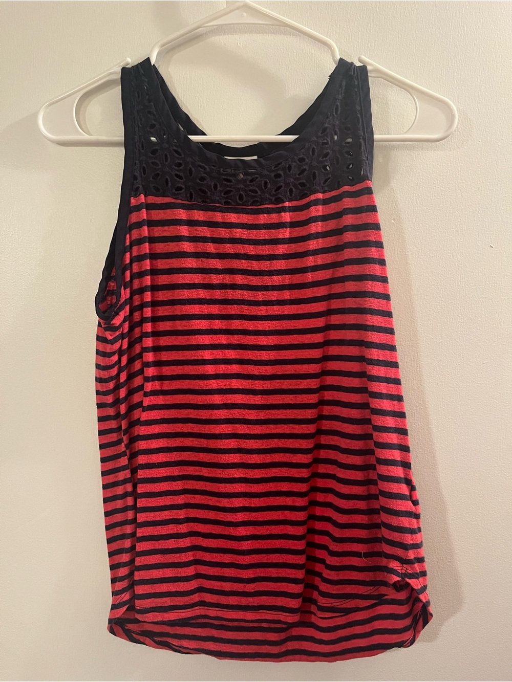 Sleeveless Red and Navy Striped Tank Top with Lace